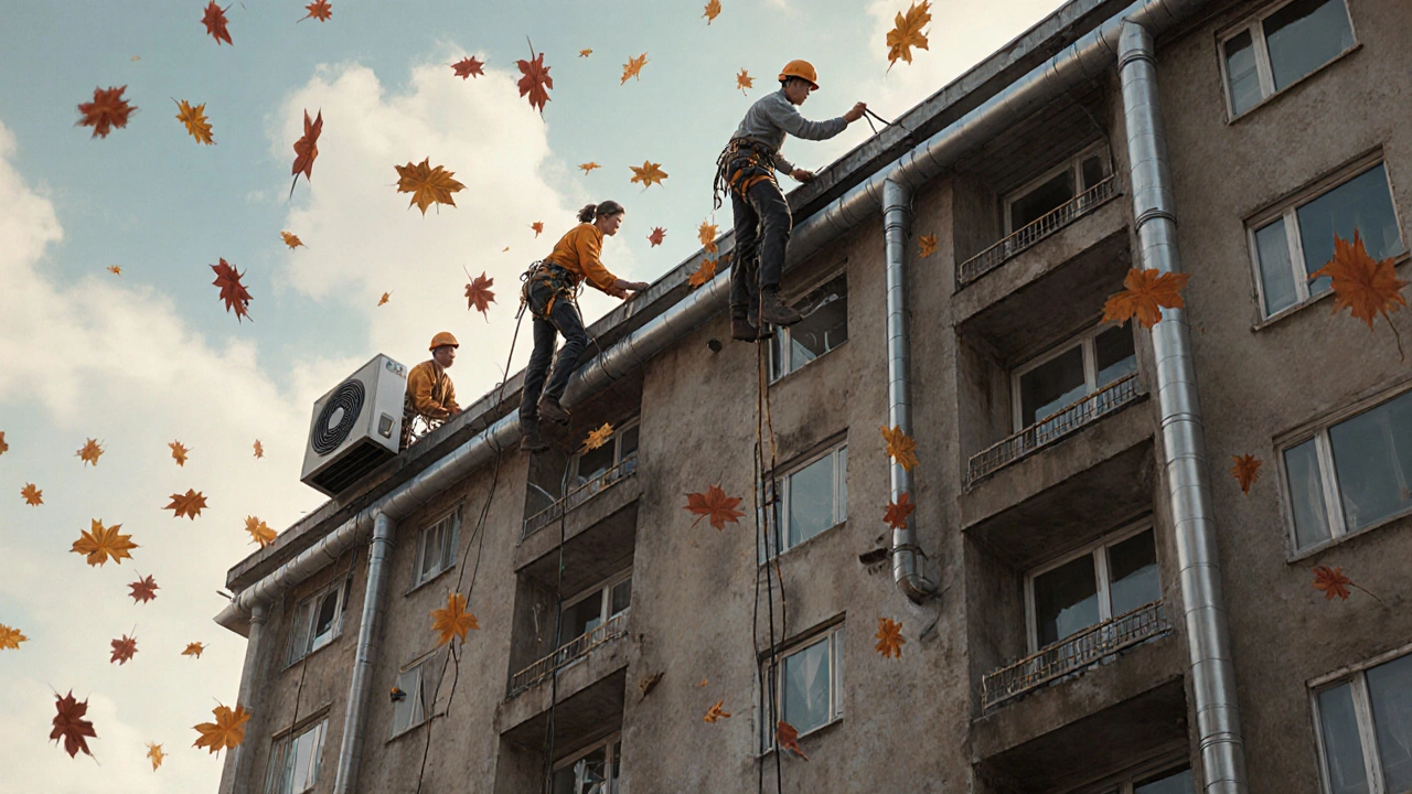 Группа промышленных альпинистов работает на фасаде жилого дома в Воронеже, разного возраста и пола, осенью.