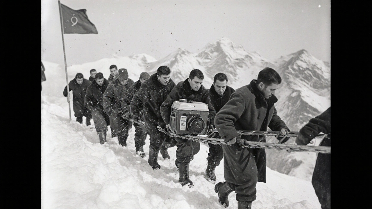 Группа рабочих несёт генератор по ледяной лестнице на пике Ленина в советское время.