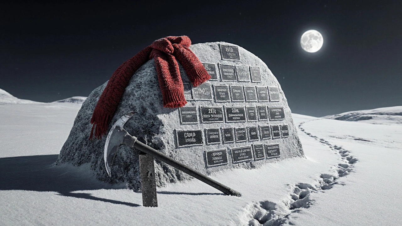 Мемориал с 217 табличками на подножии пика Ленина, на камне лежат шарф и ледоруб.