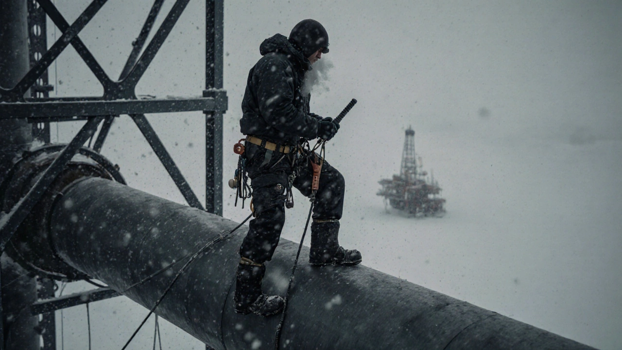 Опытный альпинист проверяет оборудование на газовой трубе в Сибири, вокруг — снежная буря и промышленные сооружения.